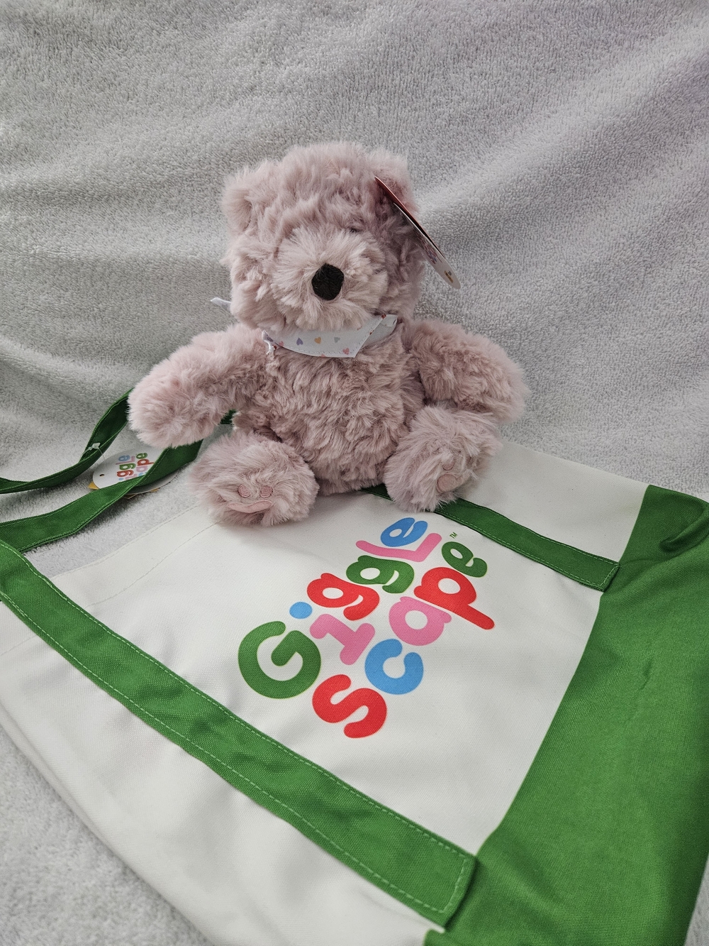 Target Gigglescape Pink Shaggy Plush Bear Heart Bandana & Logo Tote Bag Set
